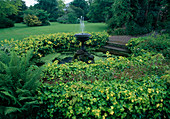 Round water basin with fountain, Hedera (ivy) as edging