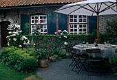 Gedeckter Tisch auf Terrasse unter Sonnenschirm, Beet mit Rosa (Rosen), Buxus (Buchs) und Alchemilla (Frauenmantel)