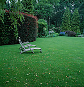 Wooden loungers on lawn in garden, view of bed with perennials and woody plants