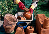 Cleaning clay pots with a brush
