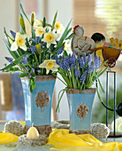 Bouquets of Narcissus (daffodils), Muscari (grape hyacinths), chicken