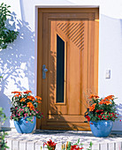 House door with blue tubs