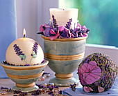 Lavender candles decorated with lavandula (lavender)