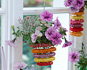 Decorative hanging vase with petunia (stuffed petunia)