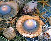 Blaue Kerzen in Muschelschalen