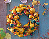 Cucurbita (ornamental squash) and pink (rosehip) wreath