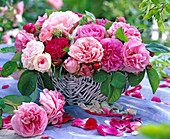 Weidenkorb mit historischen Rosen 'Rose de Resht' (pink)