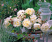 Weiß-gelbe Paeonia (Pfingstrosen), Fragaria (Erdbeeren) auf weißem Tablett