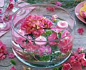 Hydrangea (Hortensien, pink), Anethum (Dill), rosa Schwimmkerzen