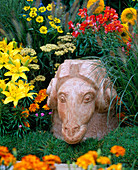 Handmade ram's head in a flowerbed