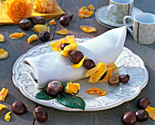 Napkin decoration with Aesculus (chestnuts), Rosa (yellow roses)