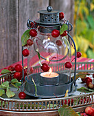 Malus (red ornamental apples) on lantern with tea light on silver tray, autumn leaves