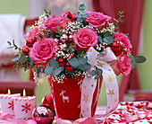 Bouquet with pink (rose), eucalyptus, gypsophila (gypsophila)