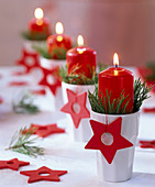 Adventskranz mit Pinus (Kiefer) in weißen Bechern mit roten Kerzen und Sternen