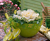 Brassica (ornamental cabbage) in salad bowl, salad servers