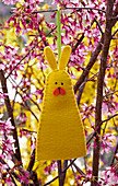 Easter bunny made of yellow felt hung on Prunus (ornamental cherry)