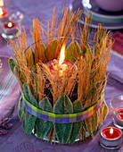 Lantern with Stachys (woolly zest), Stipa (feather grass) and ribbon, tea light