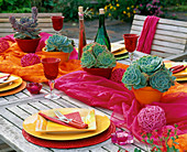 Table decoration with Echeveria, table runner in orange and pink