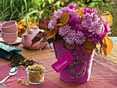 Bouquet of Chrysanthemum (autumn chrysanthemum), Fragaria autumn leaves