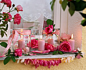 Lanterns with pink (roses) and threaded rose petals