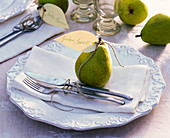 Pyrus with sign 'Bon appetit' on napkin, cutlery, Reliefeller