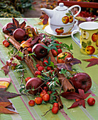 Tischdekoration mit Malus (Äpfeln, Zieräpfeln), Hedera (Efeu), Zimtstangen