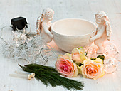 Roses and Christmas tree decorations in bowl with angels (1/4)