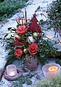 Bouquet of Rosa (roses), Pinus (pine), Viscum (mistletoe), red sticks