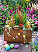 Triticum (Weizengras) in alter Arzttasche mit Eiern, Hasen