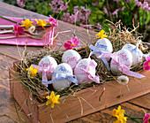 Easter eggs with ribbon and name 'Beate' 'Fabian' 'Diana' 'Cora' 'Thomas'