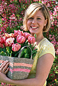 Frau mit Tulipa 'Red Sparks' 'Abigail' (Tulpen) in Korb