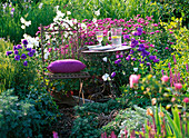 Metal chair and metal table in a perennial bed