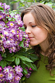 Woman smelling a Rosa 'Violet Blue' (Rambler-Rose)