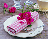 Pelargonium (geraniums) and Dactylis (knotted grass) around a checked napkin