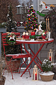 Weihnachtsbalkon mit Picea glauca 'Conica' (Zuckerhutfichten)