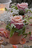 Arrangement in hoarfrost with pink (rose)