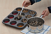 Homemade bird food in muffin baking dish
