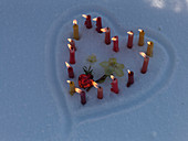 Heart of burning candles in the snow