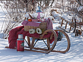 Sled in the snow with thermos, citrus and picnic basket