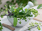 Mediterranean herbs in mortar