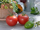 Stillleben mit Tomaten, grüner Paprika und Erdbeere
