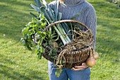 Young woman holding wicker basket with vegetables