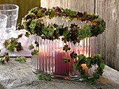 Lantern with wreath of dried hydrangea blossoms