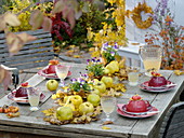 Table decoration with quinces on a carpet of leaves