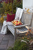 Wooden bench with chip basket filled with apples