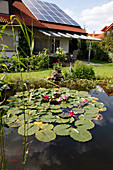 Teich mit Nymphaea (Seerosen) und Haus mit Solarzellen und überdachter Terrasse