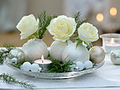 weiße Baumkugeln als Vasen mit Rosa (Rosen - Blüten) und Cryptomeria