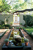 POTTED SANTOLINA at CORNERS of RECTANGULAR POOL. ULMUS CRASSIFOLIA + Q.STELLATA OVER.GORDON White'S Texas Garden