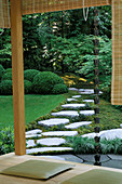 CHELSEA FLOWER Show 2004: JAPANESE Garden by THE JAPANESE Garden SOCIETY. VIEW OUT of Shoji Screen TO STEPPING STONE PATH AND Box CLOUD HEDGING