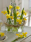 Narcissus 'Tete a Tete' (Daffodils), small bottles as vases in a straw wreath